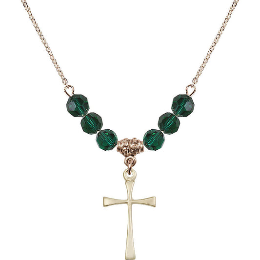 14kt Gold Filled Maltese Cross Birthstone Necklace with Emerald Beads - 1870