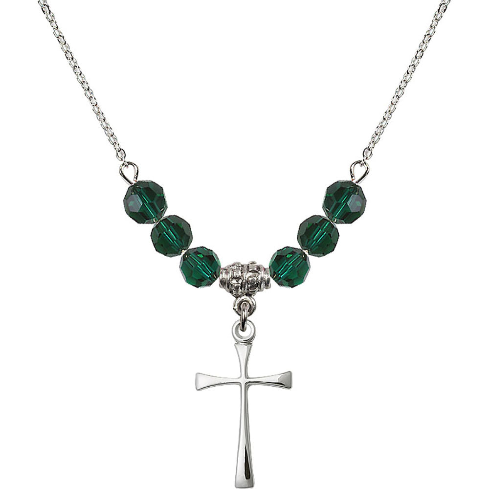 Sterling Silver Maltese Cross Birthstone Necklace with Emerald Beads - 1870