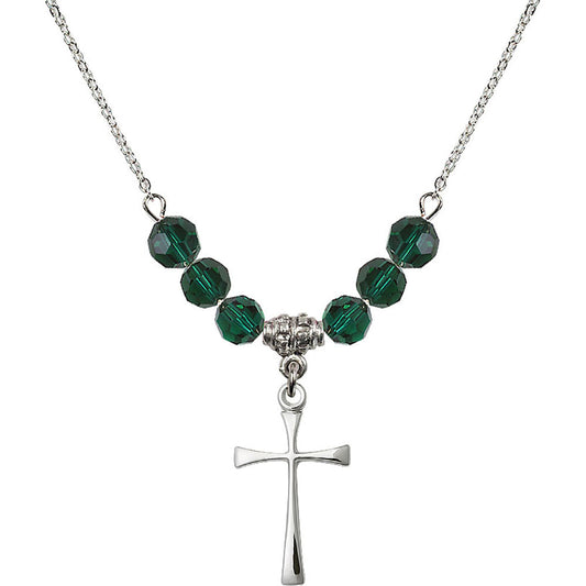 Sterling Silver Maltese Cross Birthstone Necklace with Emerald Beads - 1870