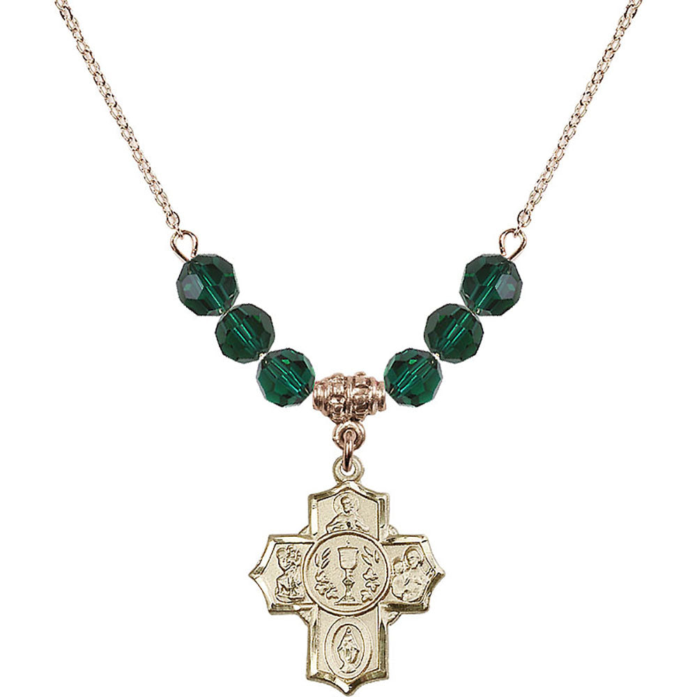 14kt Gold Filled Communion/5-Way Birthstone Necklace with Emerald Beads - 2004