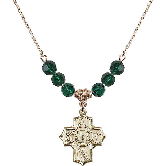 14kt Gold Filled Communion/5-Way Birthstone Necklace with Emerald Beads - 2004