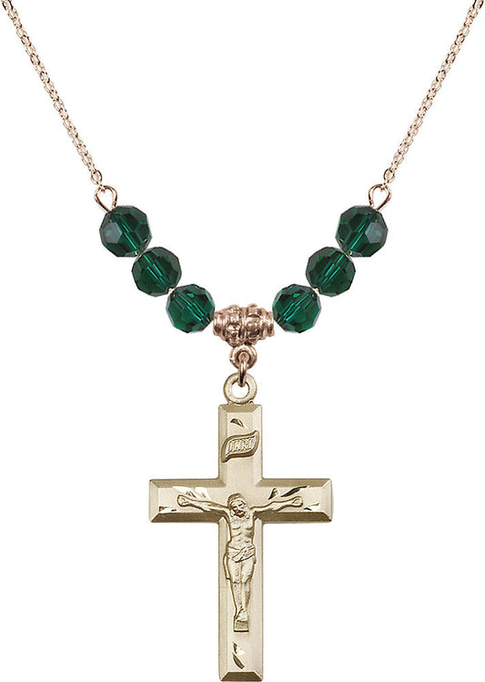 14kt Gold Filled Crucifix Birthstone Necklace with Emerald Beads - 2186
