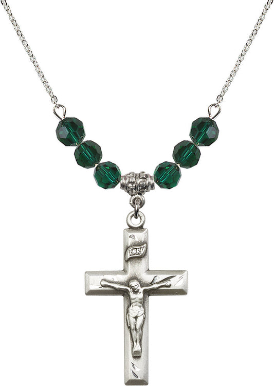 Sterling Silver Crucifix Birthstone Necklace with Emerald Beads - 2186