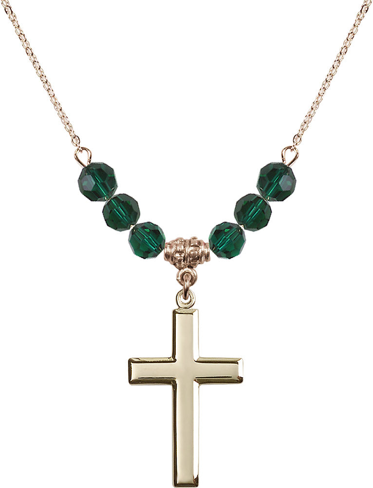 14kt Gold Filled Cross Birthstone Necklace with Emerald Beads - 2190