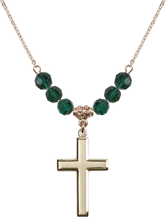 14kt Gold Filled Cross Birthstone Necklace with Emerald Beads - 2190
