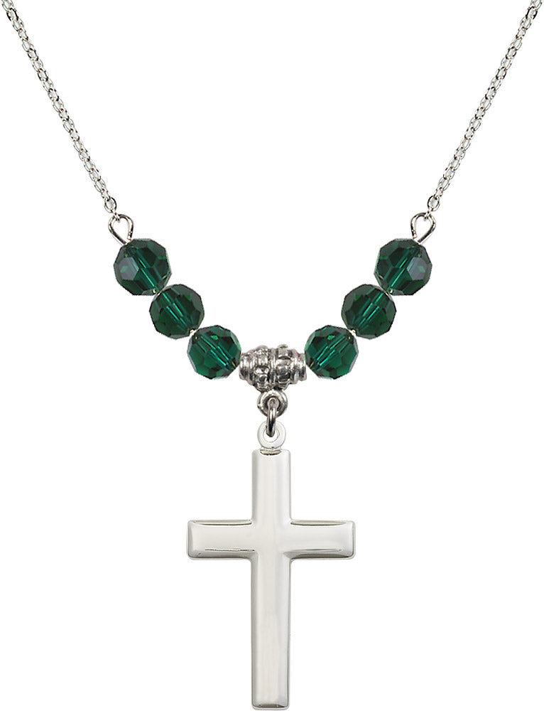 Sterling Silver Cross Birthstone Necklace with Emerald Beads - 2190
