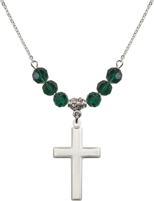 Sterling Silver Cross Birthstone Necklace with Emerald Beads - 2190