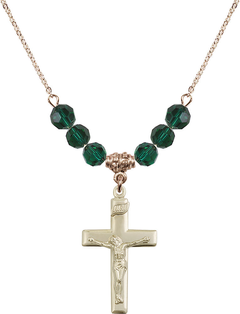 14kt Gold Filled Crucifix Birthstone Necklace with Emerald Beads - 2191