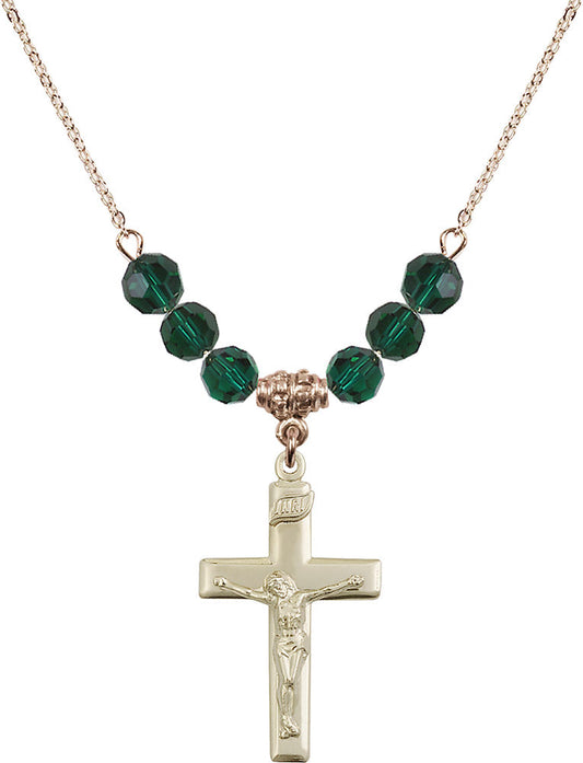14kt Gold Filled Crucifix Birthstone Necklace with Emerald Beads - 2191