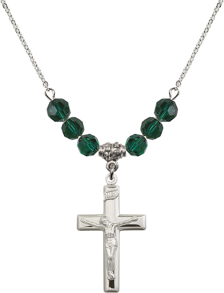 Sterling Silver Crucifix Birthstone Necklace with Emerald Beads - 2191