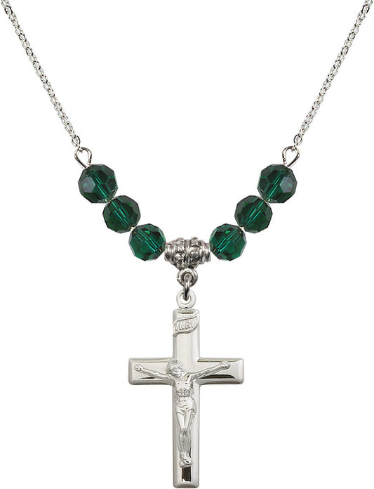Sterling Silver Crucifix Birthstone Necklace with Emerald Beads - 2191
