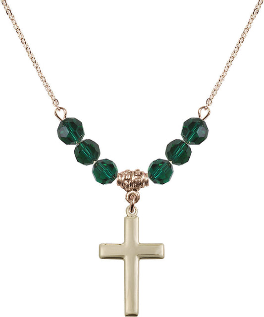 14kt Gold Filled Cross Birthstone Necklace with Emerald Beads - 2195