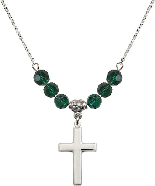 Sterling Silver Cross Birthstone Necklace with Emerald Beads - 2195