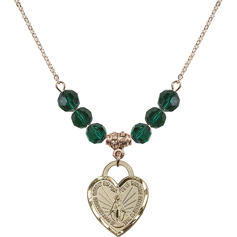 14kt Gold Filled Miraculous Heart Birthstone Necklace with Emerald Beads - 3201