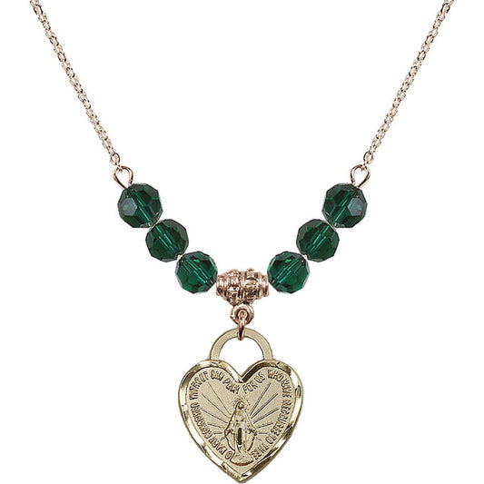14kt Gold Filled Miraculous Heart Birthstone Necklace with Emerald Beads - 3201