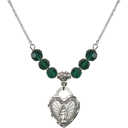 Sterling Silver Miraculous Heart Birthstone Necklace with Emerald Beads - 3201