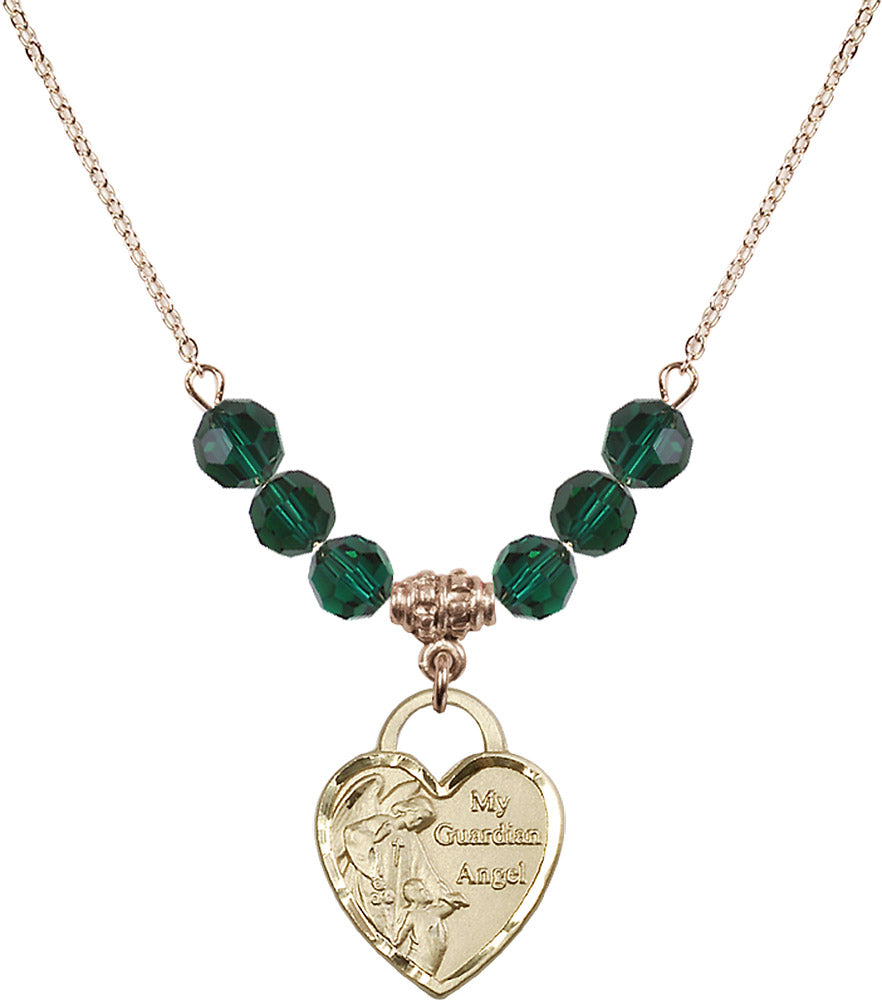 14kt Gold Filled Guardian Angel Heart Birthstone Necklace with Emerald Beads - 3202