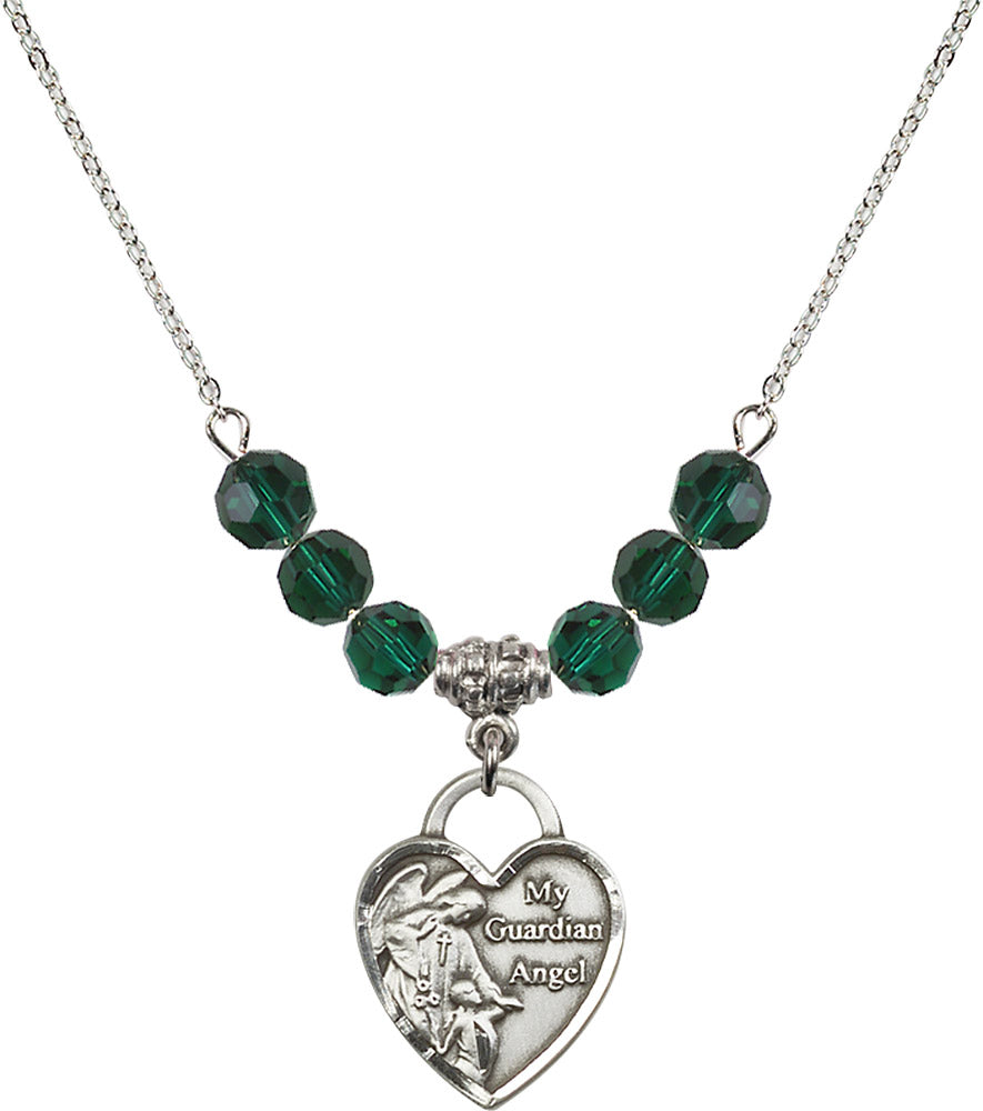 Sterling Silver Guardian Angel Heart Birthstone Necklace with Emerald Beads - 3202