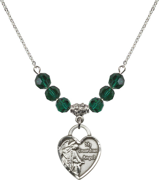 Sterling Silver Guardian Angel Heart Birthstone Necklace with Emerald Beads - 3202