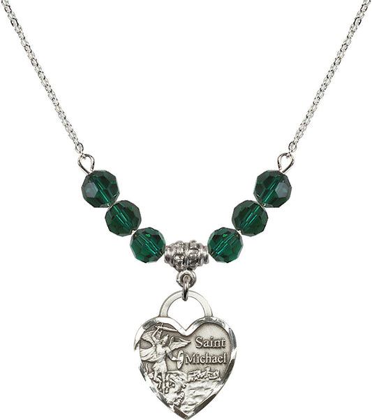 Sterling Silver Saint Michael the Archangel Birthstone Necklace with Emerald Beads - 3203