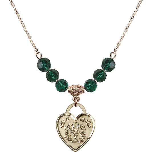 14kt Gold Filled Communion Heart Birthstone Necklace with Emerald Beads - 3204