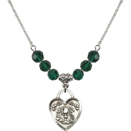 Sterling Silver Communion Heart Birthstone Necklace with Emerald Beads - 3204