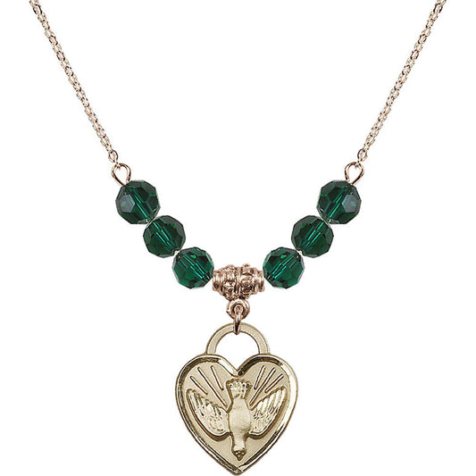 14kt Gold Filled Confirmation Heart Birthstone Necklace with Emerald Beads - 3205