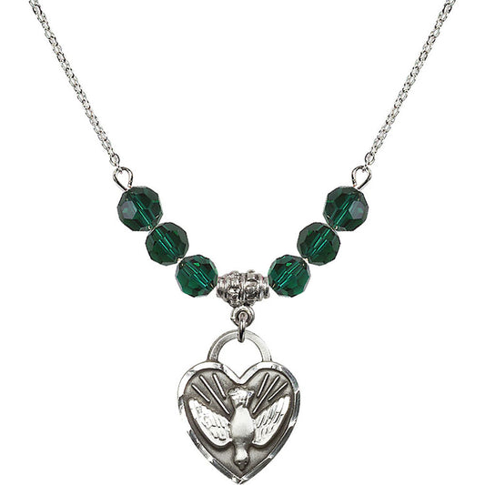 Sterling Silver Confirmation Heart Birthstone Necklace with Emerald Beads - 3205