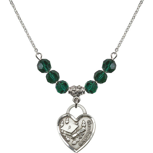 Sterling Silver Graduation Heart Birthstone Necklace with Emerald Beads - 3206