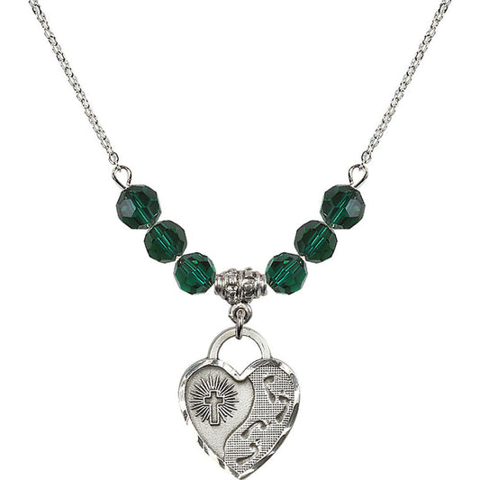 Sterling Silver Footprints Heart Birthstone Necklace with Emerald Beads - 3207