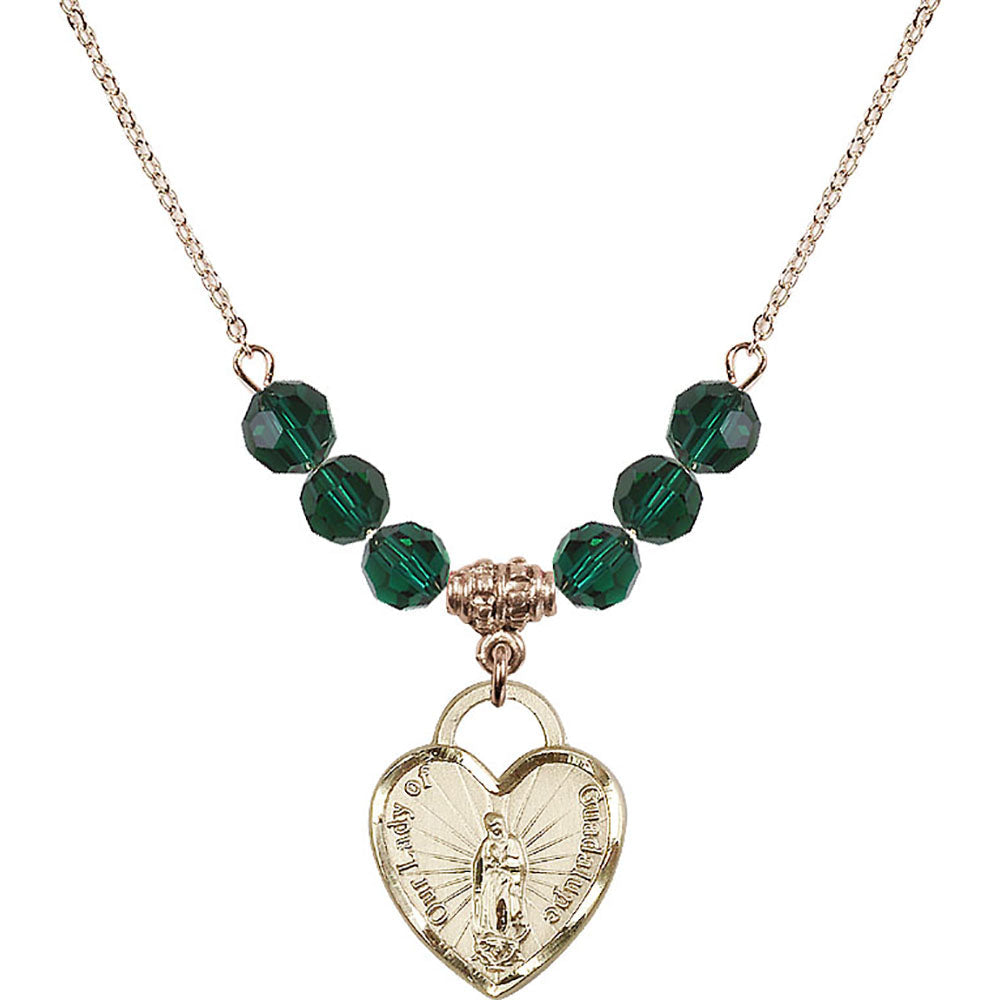 14kt Gold Filled Our Lady of Guadalupe Heart / Recuerdo Birthstone Necklace with Emerald Beads - 3209