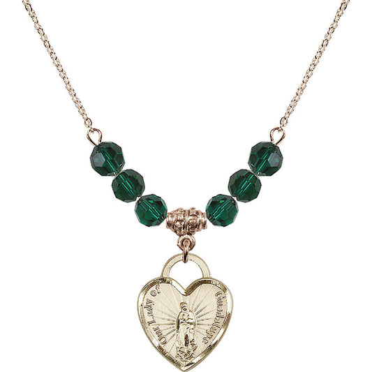 14kt Gold Filled Our Lady of Guadalupe Heart / Recuerdo Birthstone Necklace with Emerald Beads - 3209