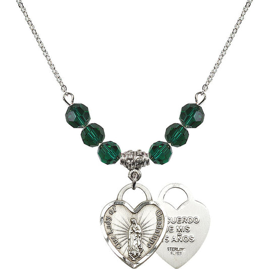 Sterling Silver Our Lady of Guadalupe Heart / Recuerdo Birthstone Necklace with Emerald Beads - 3209