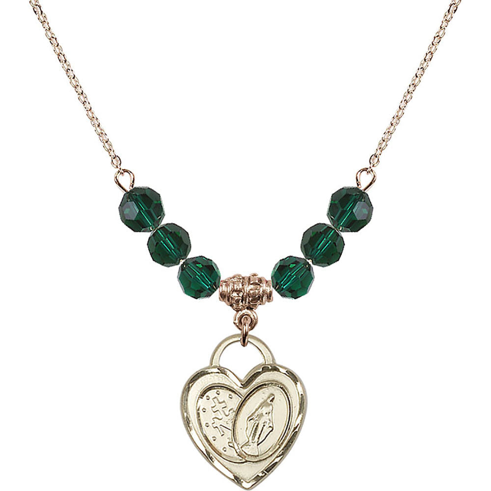 14kt Gold Filled Miraculous Heart Birthstone Necklace with Emerald Beads - 3212