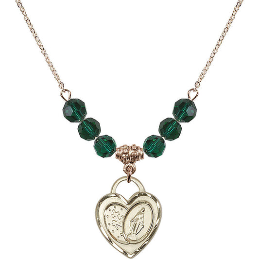 14kt Gold Filled Miraculous Heart Birthstone Necklace with Emerald Beads - 3212