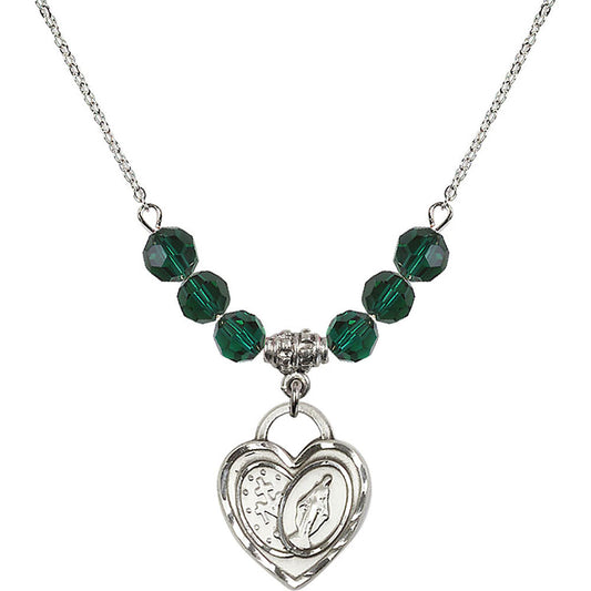 Sterling Silver Miraculous Heart Birthstone Necklace with Emerald Beads - 3212