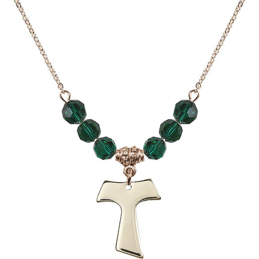 14kt Gold Filled Tau Cross Birthstone Necklace with Emerald Beads - 3948
