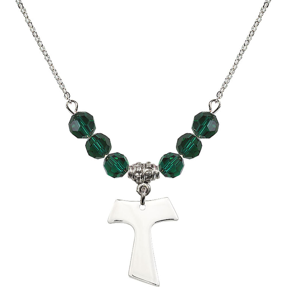 Sterling Silver Tau Cross Birthstone Necklace with Emerald Beads - 3948