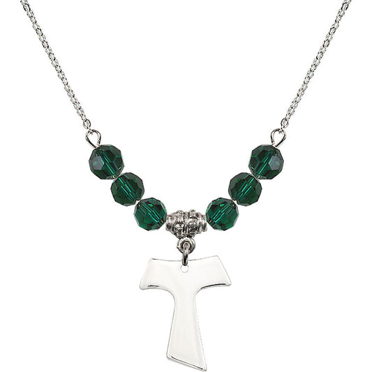 Sterling Silver Tau Cross Birthstone Necklace with Emerald Beads - 3948