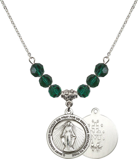Sterling Silver Miraculous Birthstone Necklace with Emerald Beads - 4056