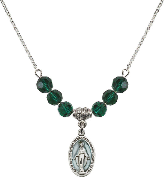 Sterling Silver Miraculous Birthstone Necklace with Emerald Beads - 4122
