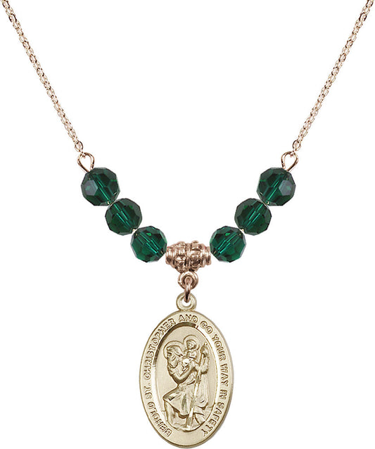 14kt Gold Filled Saint Christopher Birthstone Necklace with Emerald Beads - 4123
