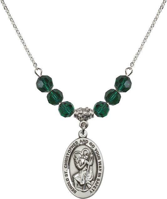Sterling Silver Saint Christopher Birthstone Necklace with Emerald Beads - 4123