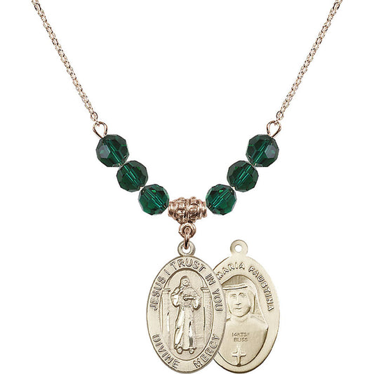 14kt Gold Filled Divine Mercy Birthstone Necklace with Emerald Beads - 4123
