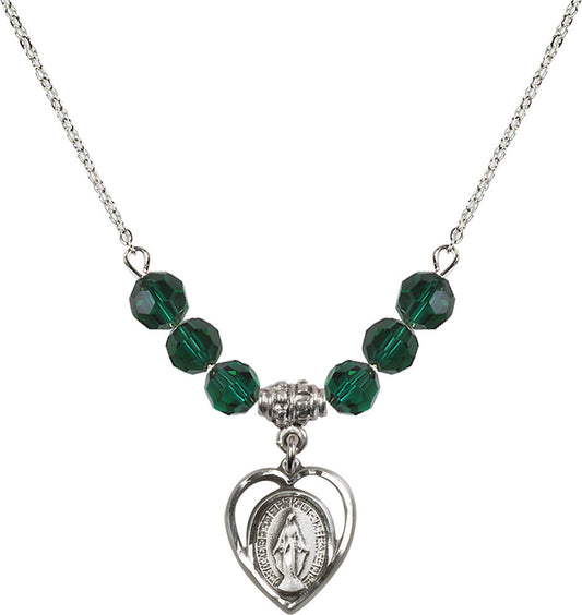 Sterling Silver Miraculous Birthstone Necklace with Emerald Beads - 4125