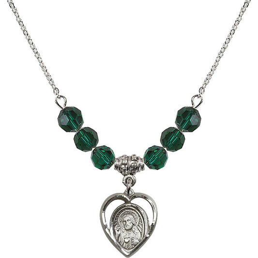 Sterling Silver Scapular Birthstone Necklace with Emerald Beads - 4126