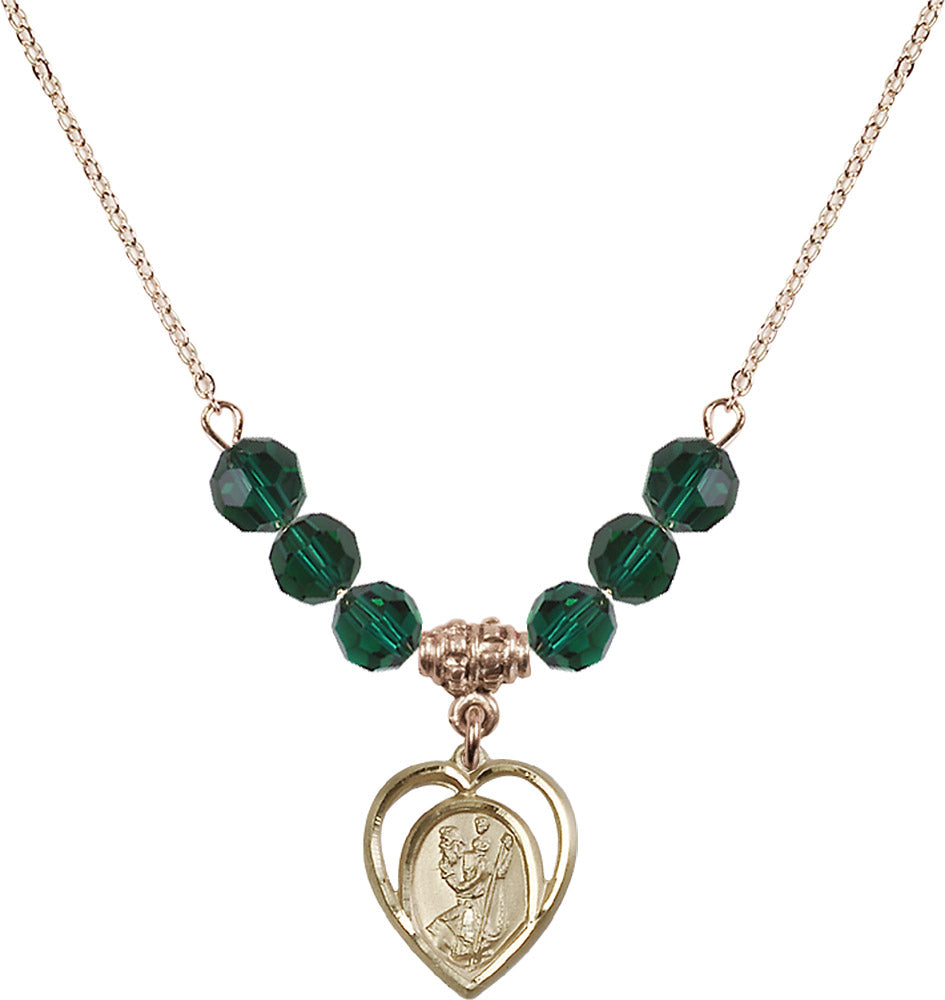 14kt Gold Filled Saint Christopher Birthstone Necklace with Emerald Beads - 4127
