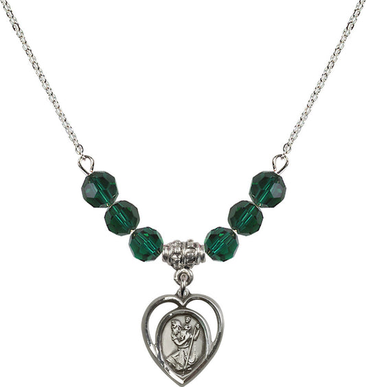 Sterling Silver Saint Christopher Birthstone Necklace with Emerald Beads - 4127