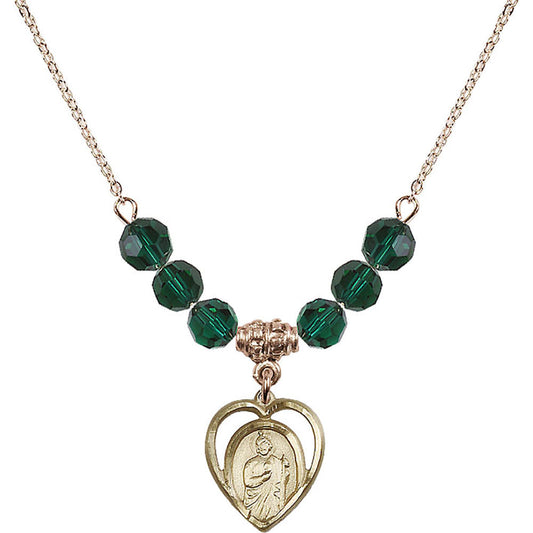 14kt Gold Filled Saint Jude Birthstone Necklace with Emerald Beads - 4128