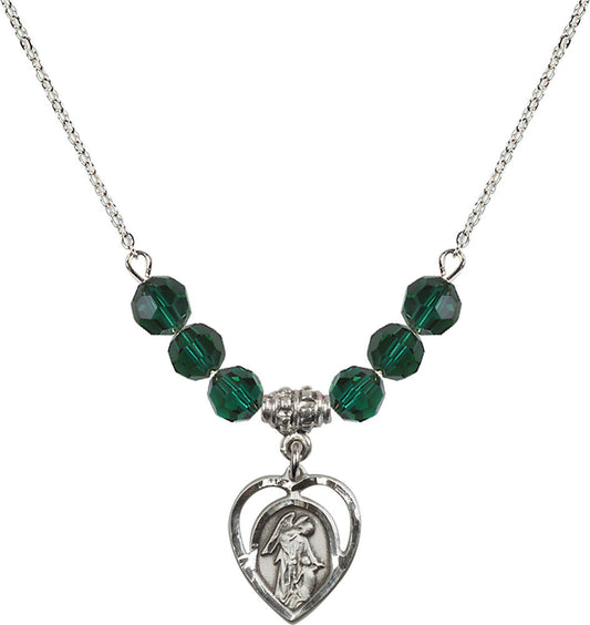 Sterling Silver Guardian Angel Birthstone Necklace with Emerald Beads - 4129